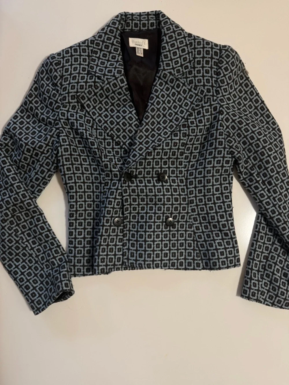 French Chic | Double-Breasted Geometric Print Blazer Jacket - Blue - Picture 2 of 9